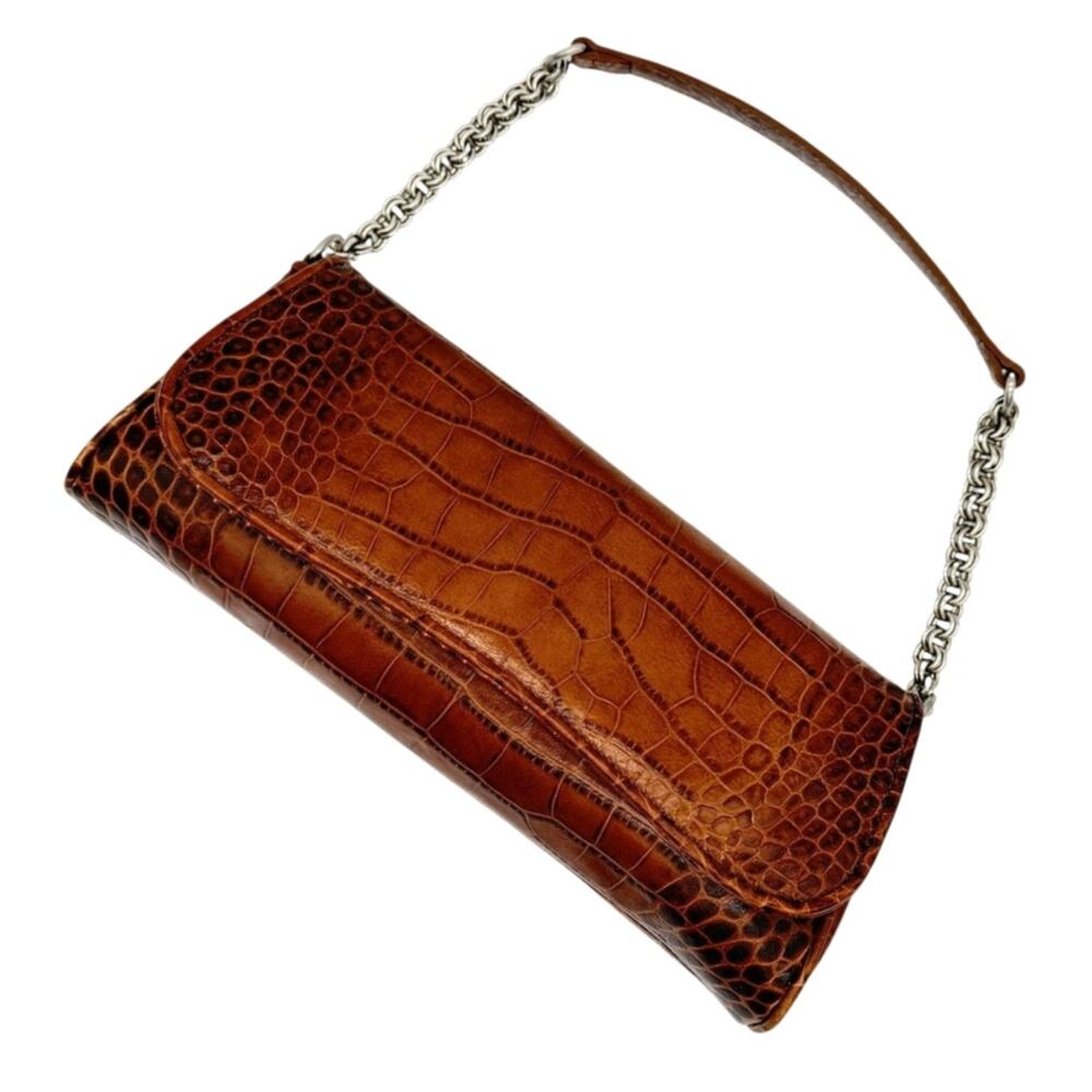 Ann Taylor Leather Croc Embossed Baguette Bag Tan Brown Y2K Chain Strap